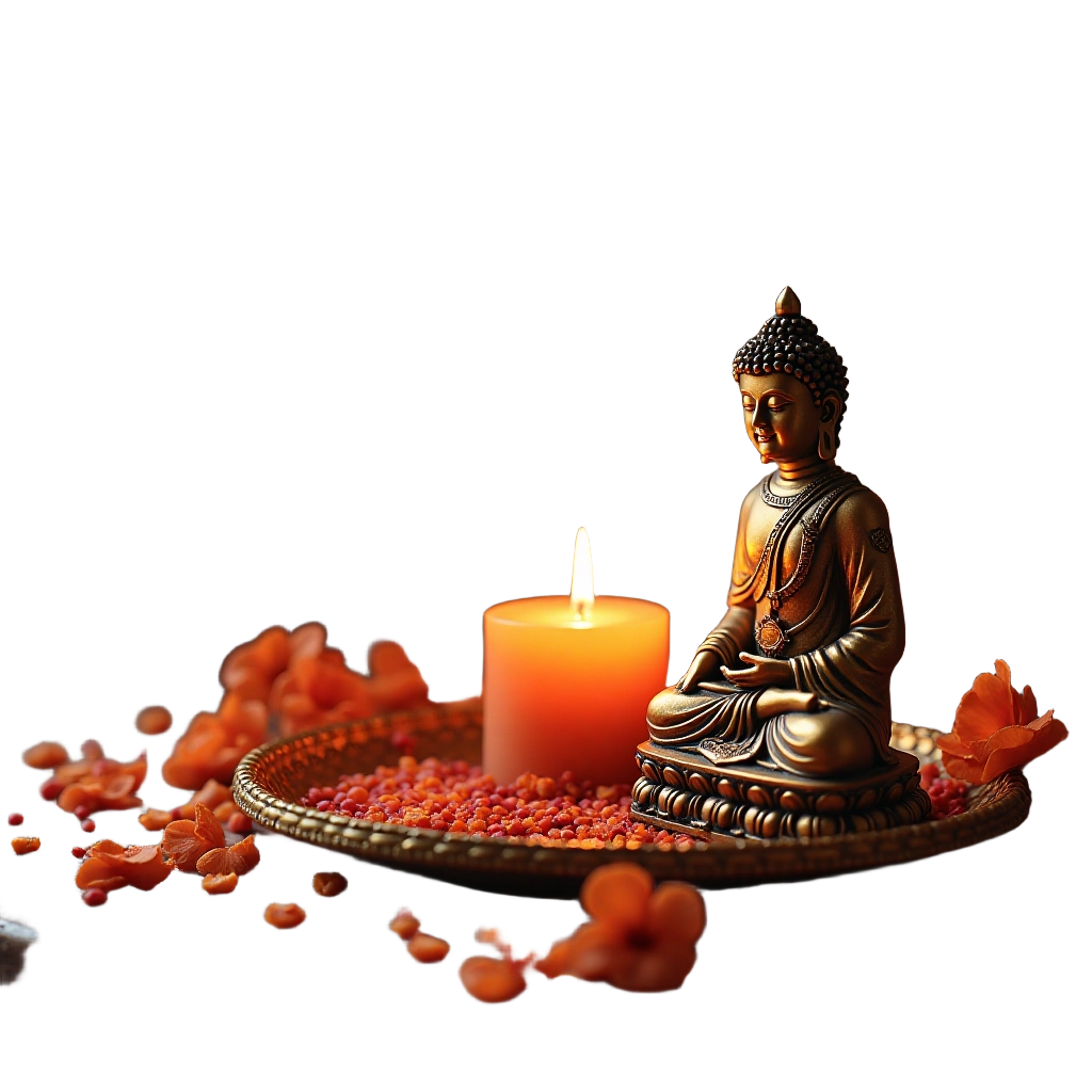 Buddha Statue with Candle and Flowers